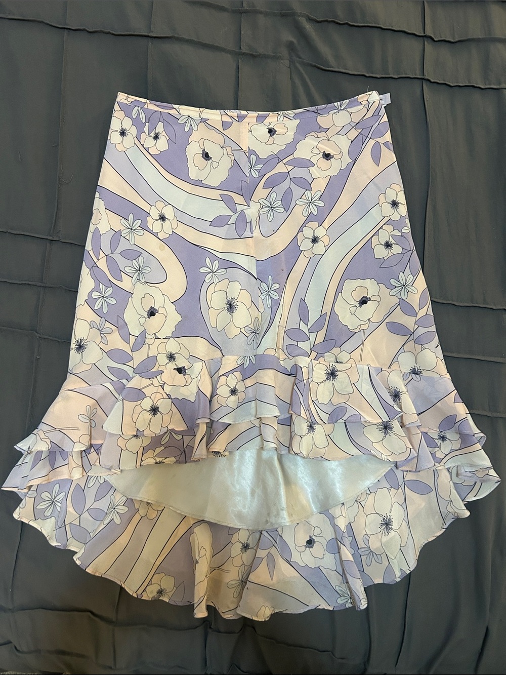 Vintage Laundry By Shelli Segal Lavender and Cream Floral High-Low Ruffle Skirt